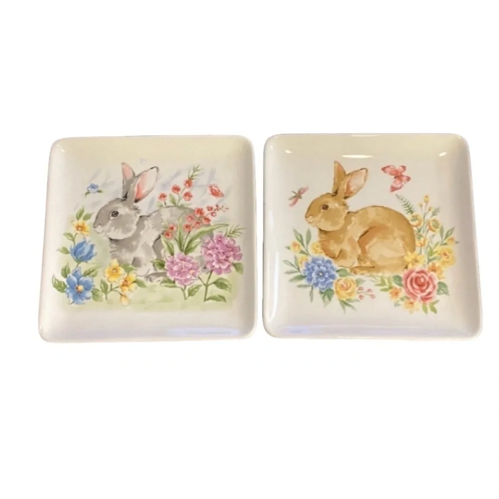 Spring Flowers & Bunny serving plates. White. Set of 2. Colorful Pastels.